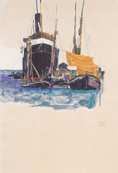 Steamship and Sailboats in the Harbor of Trieste by Egon Schiele